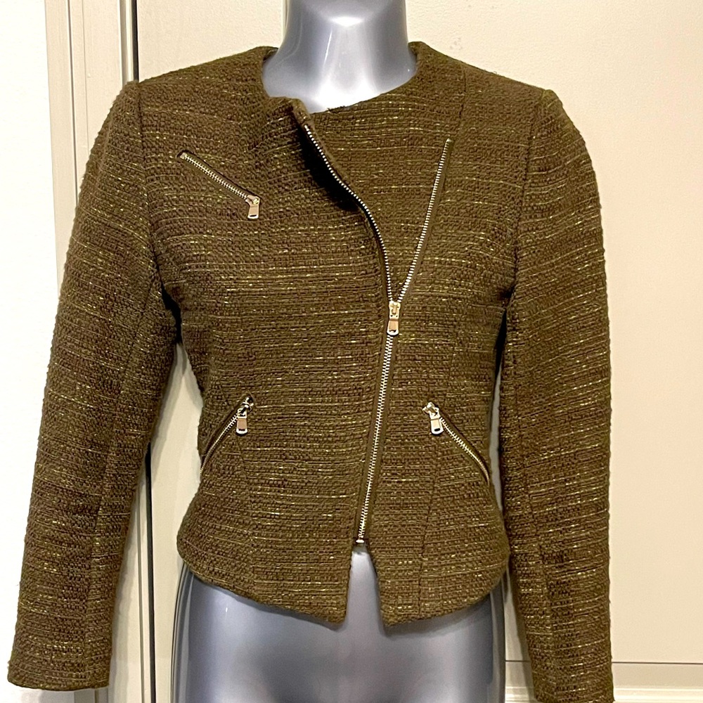 H & M - Olive / Military green tweed fashion jacket with gold zippers